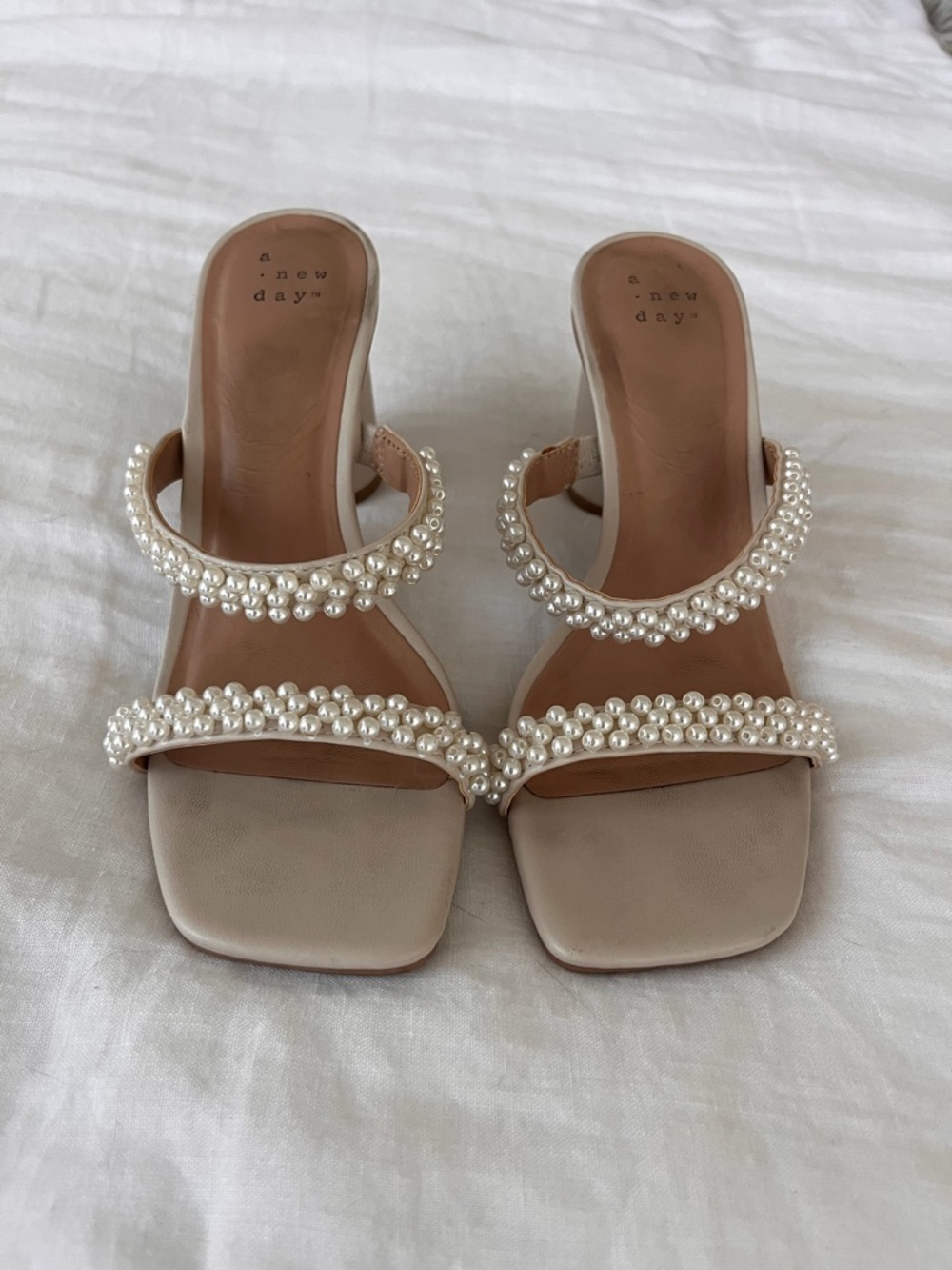 a new day Pearl-Trim Nude Heeled Slide Sandals Size 6